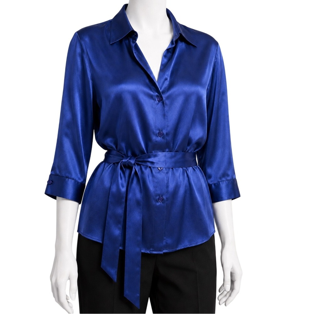 GIANNI 100% Silk Satin Blouse Navy Blue | Includes Matching Belt | Women's 14